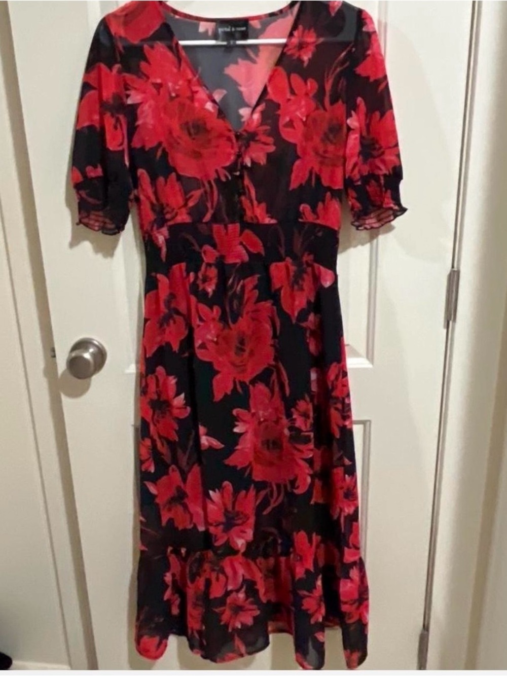 Floral V-Neck Red and Black Midi Dress